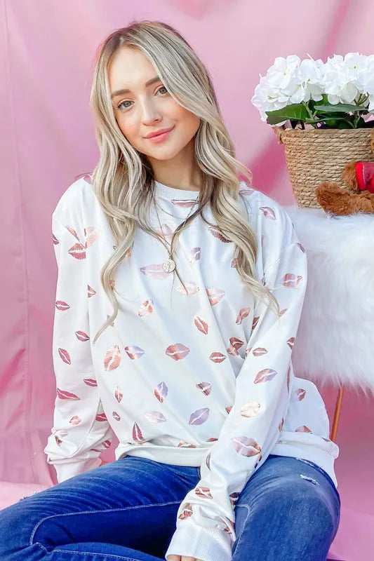 And The Why Kiss Pink Foil Allover Print Pullover Sweatshirts WHITE
