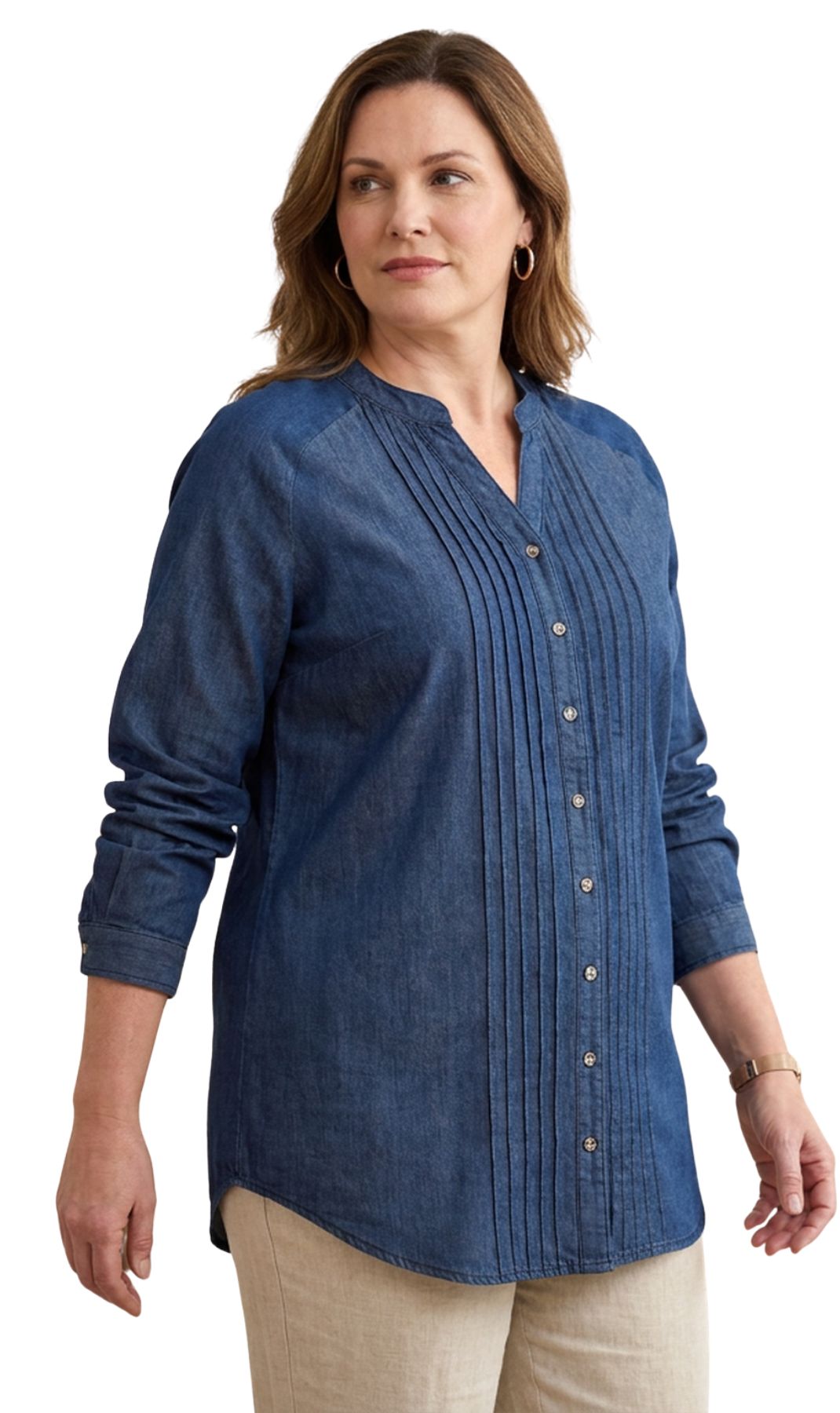 Women's Denim Pintuck Button-Front Tunic Top