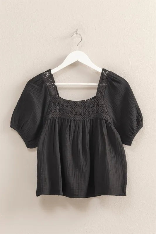 HYFVE Crochet Detail Puff Sleeve Peasant Top BLACK
