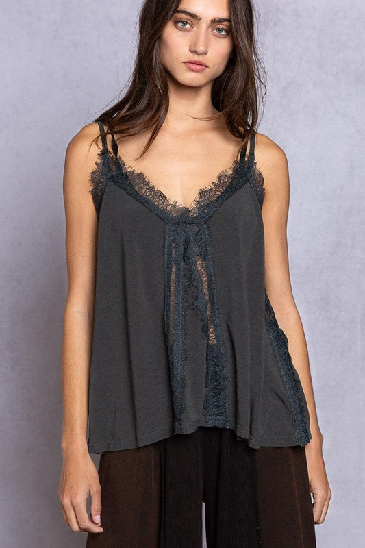 POL Lace Detail V-Neck Cami Dark Gray