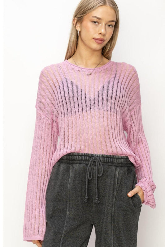 HYFVE Openwork Ribbed Long Sleeve Knit Top PINK
