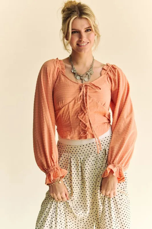 Davi & Dani Strap Front Corset Look Long Puff Sleeve Blouse Peach