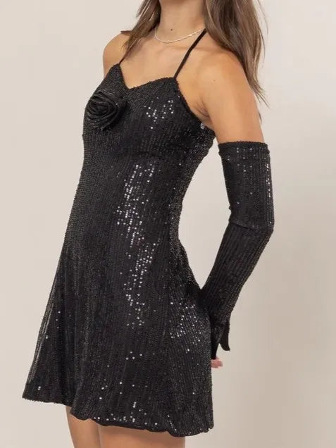 HYFVE Sequin Rosette Halter Mini Dress BLACK