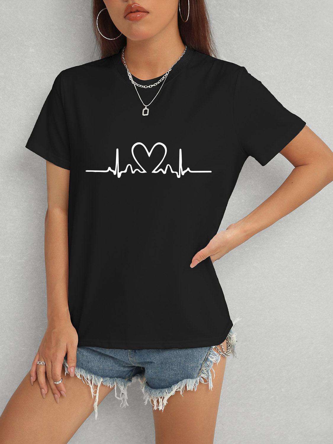 Heart Round Neck Short Sleeve T-Shirt Black