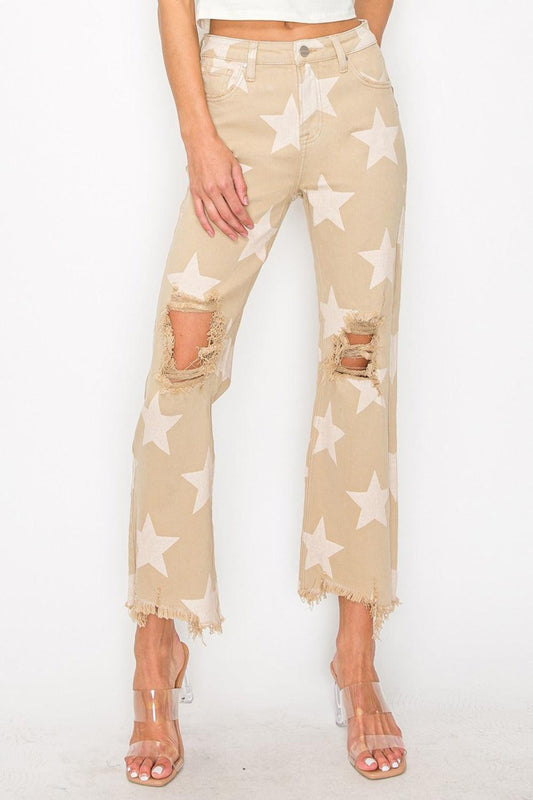 RISEN Full Size High Rise Star Printed Frayed Hem Jeans Khaki