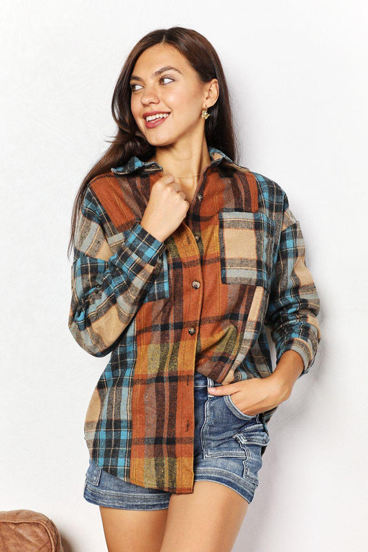 Double Take Plaid Curved Hem Shirt Jacket with Breast Pockets Plaid