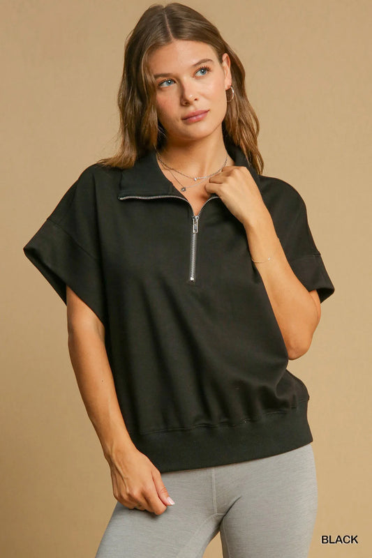 Umgee Full Size Half-Zip Short Sleeve Top Plus Size Black