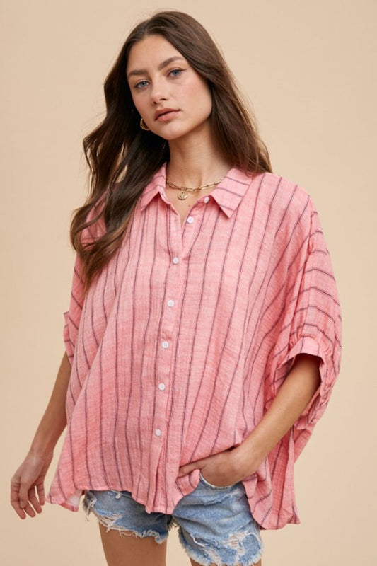 Annie Wear Striped Button Up Half Sleeve Shirt Coral Pink