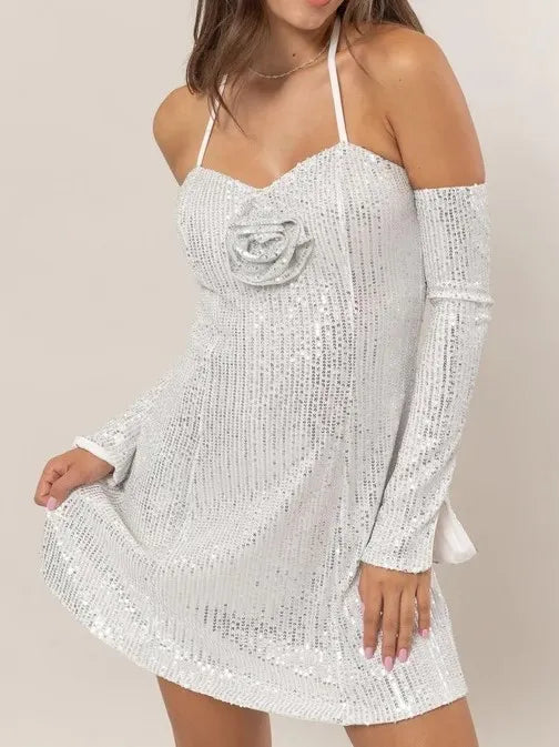 HYFVE Sequin Rosette Halter Mini Dress SILVER