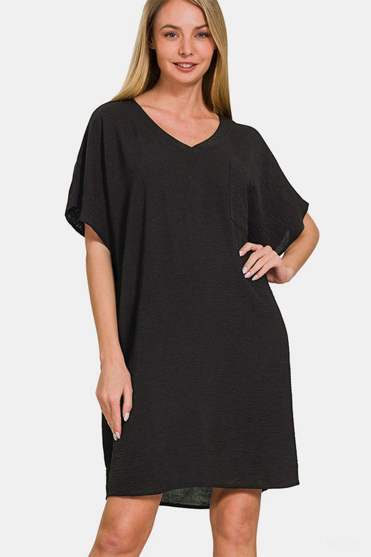Zenana V-Neck Tee Dress with Pockets Black