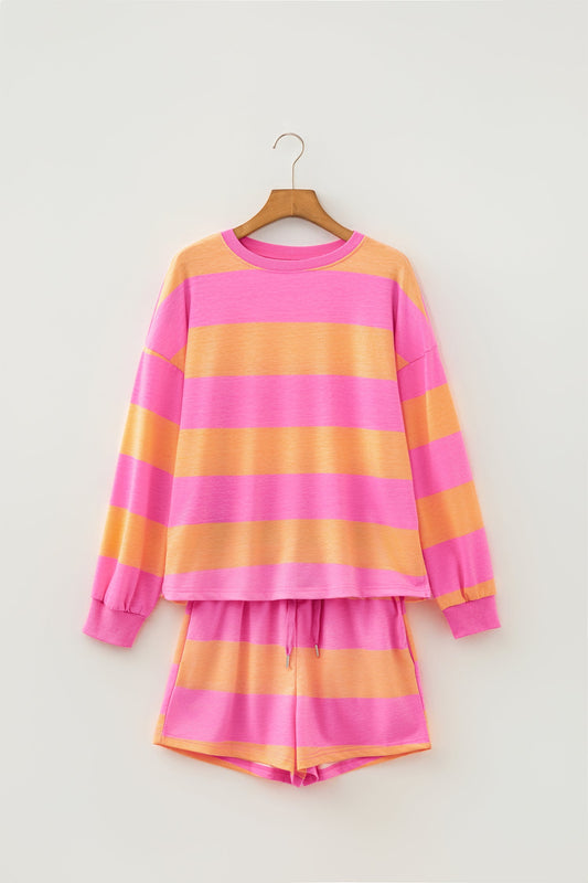Stripe Long Sleeve Top & Drawstring Shorts Set