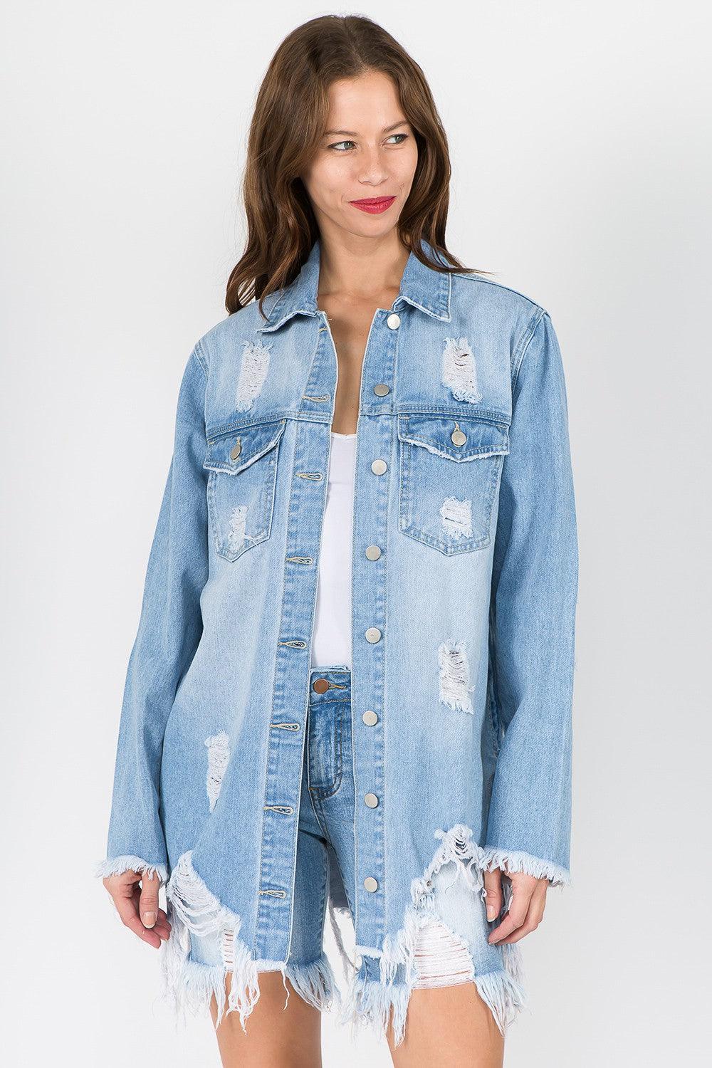 American Bazi Distressed Frayed Hem Denim Jacket LT Blue