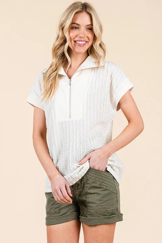 Lime 'N' Chili Textured Half Zip Cap Sleeve Contrast Top WHITE