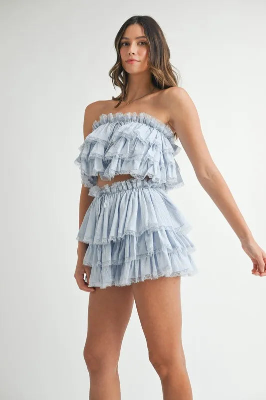 MABLE Ruffle Layered Crop Top and Mini Skirt Set