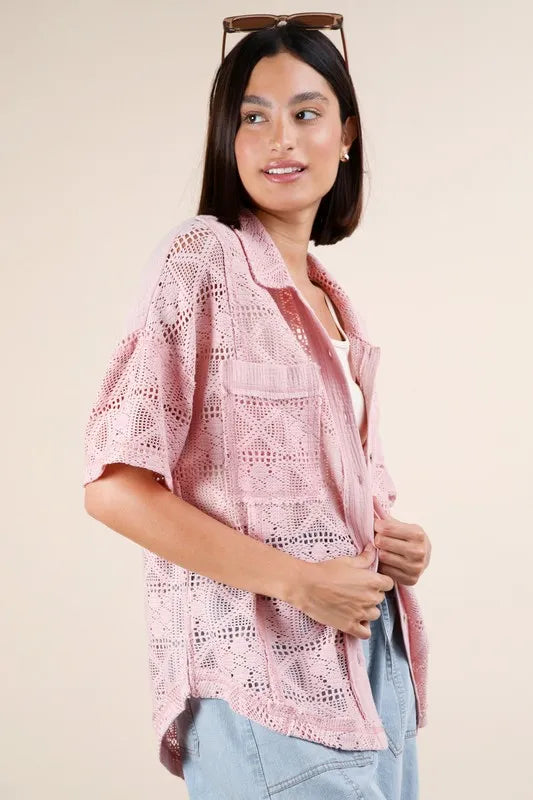 VERY J Plus Size Oversized Crochet Button Down Shirt Top