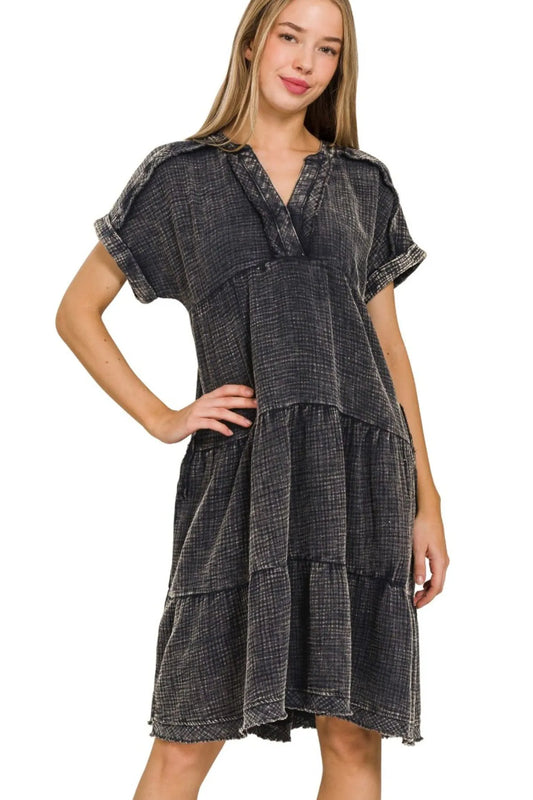 Zenana Washed Double Gauze Raw Edge V-neck Dress ASH BLACK