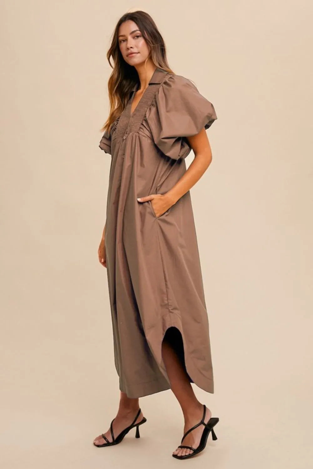 Annie Wear Smocked Puff Sleeve Midi Dress Coffee Brown