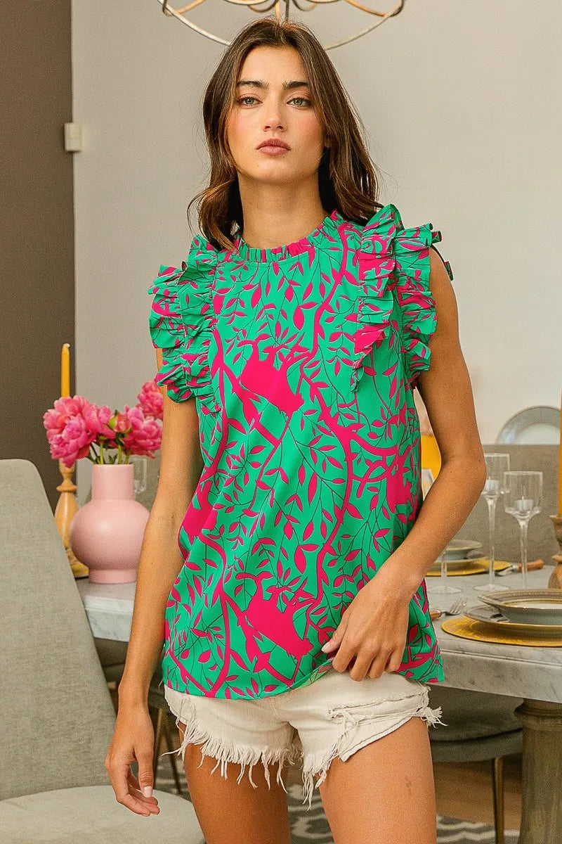 BiBi Leopard Leaves Print Woven Top JADE FUCHSIA
