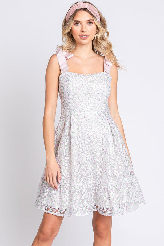 GeeGee Mesh Floral Embroidered Sleeveless Dress Lavender Mint