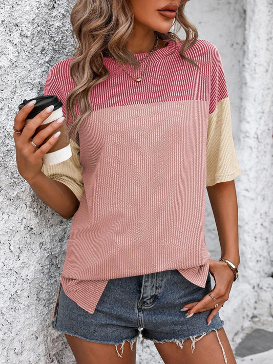 Mandy Color Block Round Neck Half Sleeve T-Shirt Deep Rose Pink