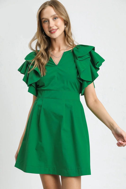 Umgee Double Ruffle Sleeve Fit and Flare Dress Dark Green
