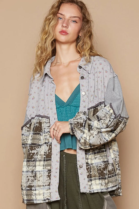 POL Balloon Sleeve Floral Color Block Plaid Shirt Brown Grey