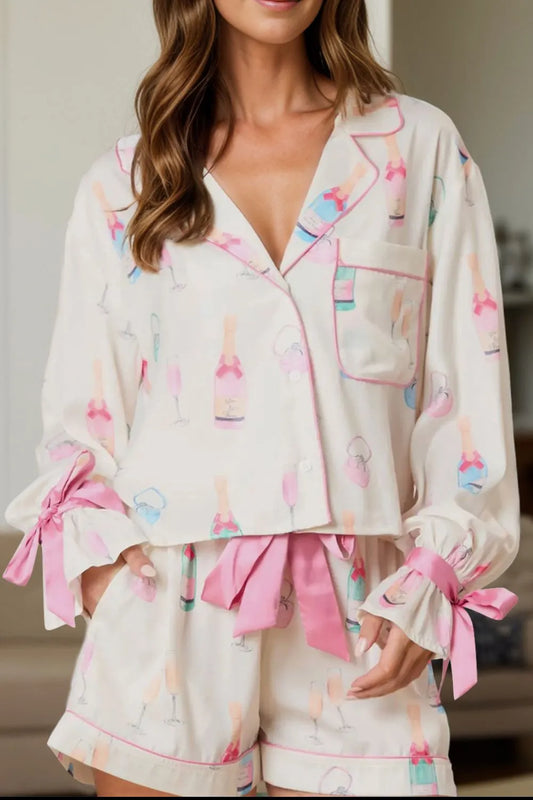 Bow Printed Collared Neck Top and Drawstring Shorts Lounge Set White