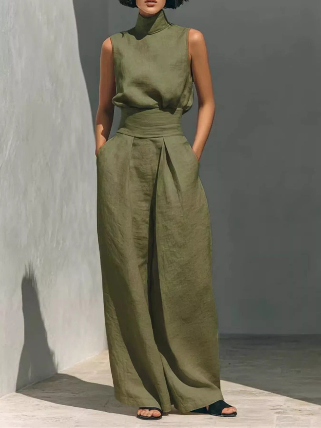 Turtleneck Sleeveless Top and Wide-Leg Pants Set
