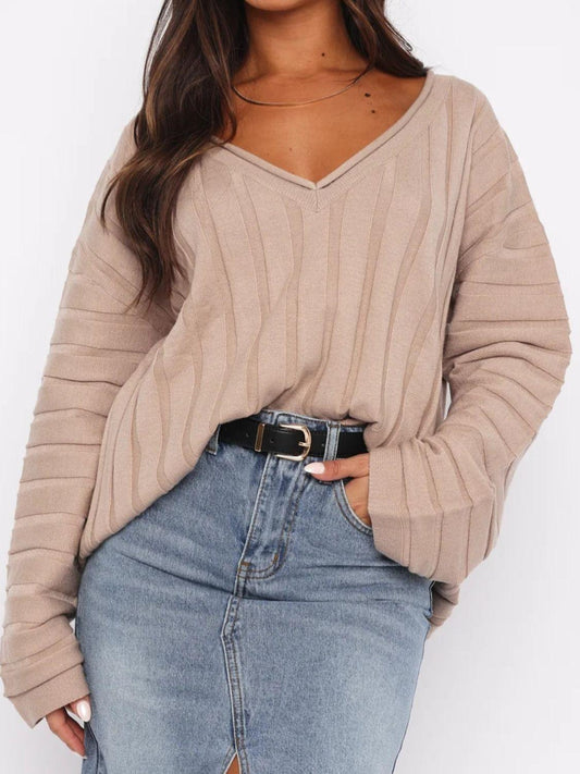 V-Neck Dropped Shoulder Sweater Apricot One Size
