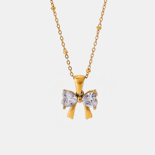 Stainless Steel Inlaid Zircon Bow Necklace Gold One Size