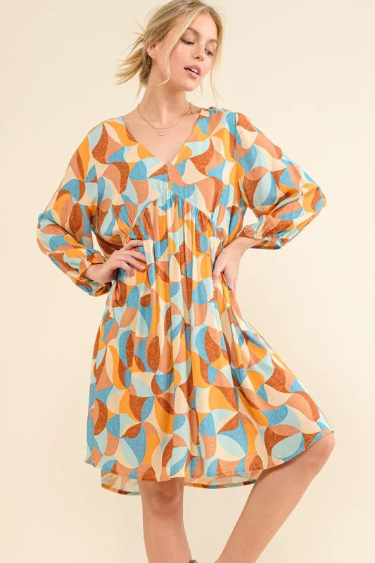 And The Why Printed Open Back Puff Sleeve Casual Dress Blue Multi