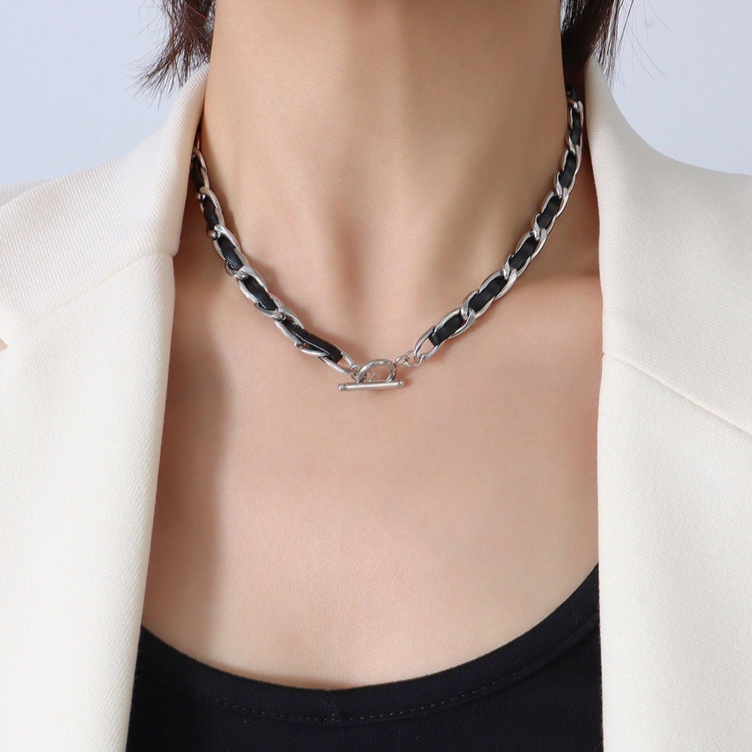 18K Gold-Plated Leather Chain Necklace Silver One Size