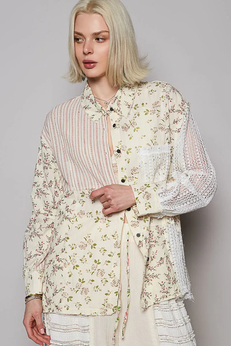 POL Lace Patchwork Floral Button-Up Shirt