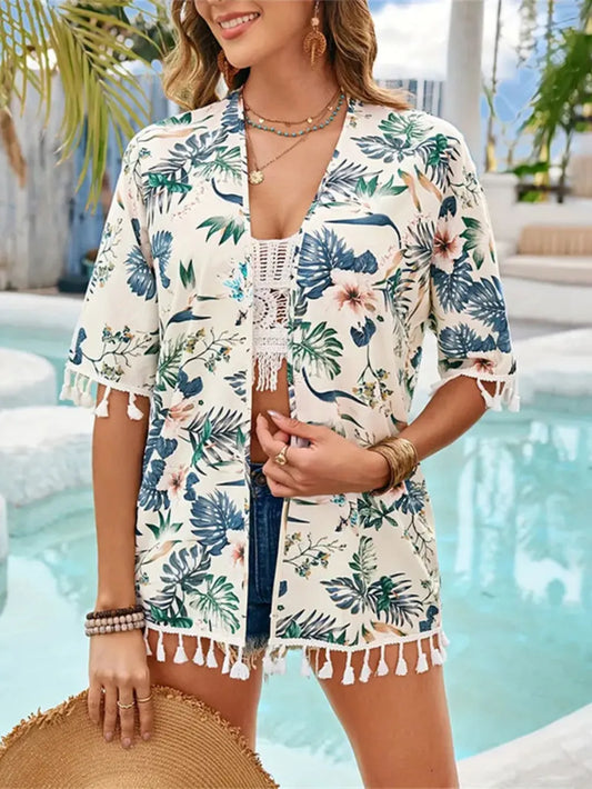 Tassel Printed Open Front Half Sleeve Cover-Up Pastel Yellow