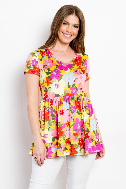 Be Stage Full Size Floral Wrinkle Free Ruffled Blouse Yellow