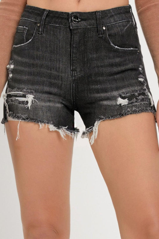 RISEN Full Size Mid Rise Raw Hem Denim Shorts Black
