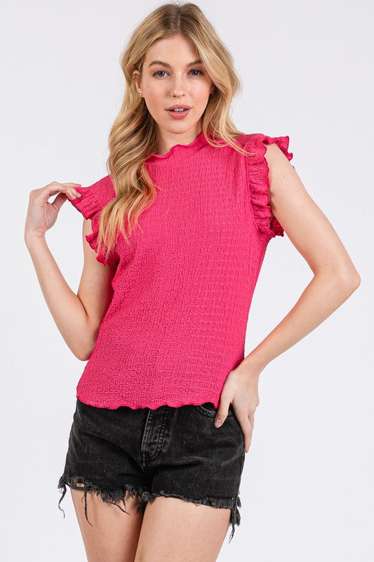 Ces Femme Texture Mock Neck Ruffle Cap Sleeve Blouse Fuchsia