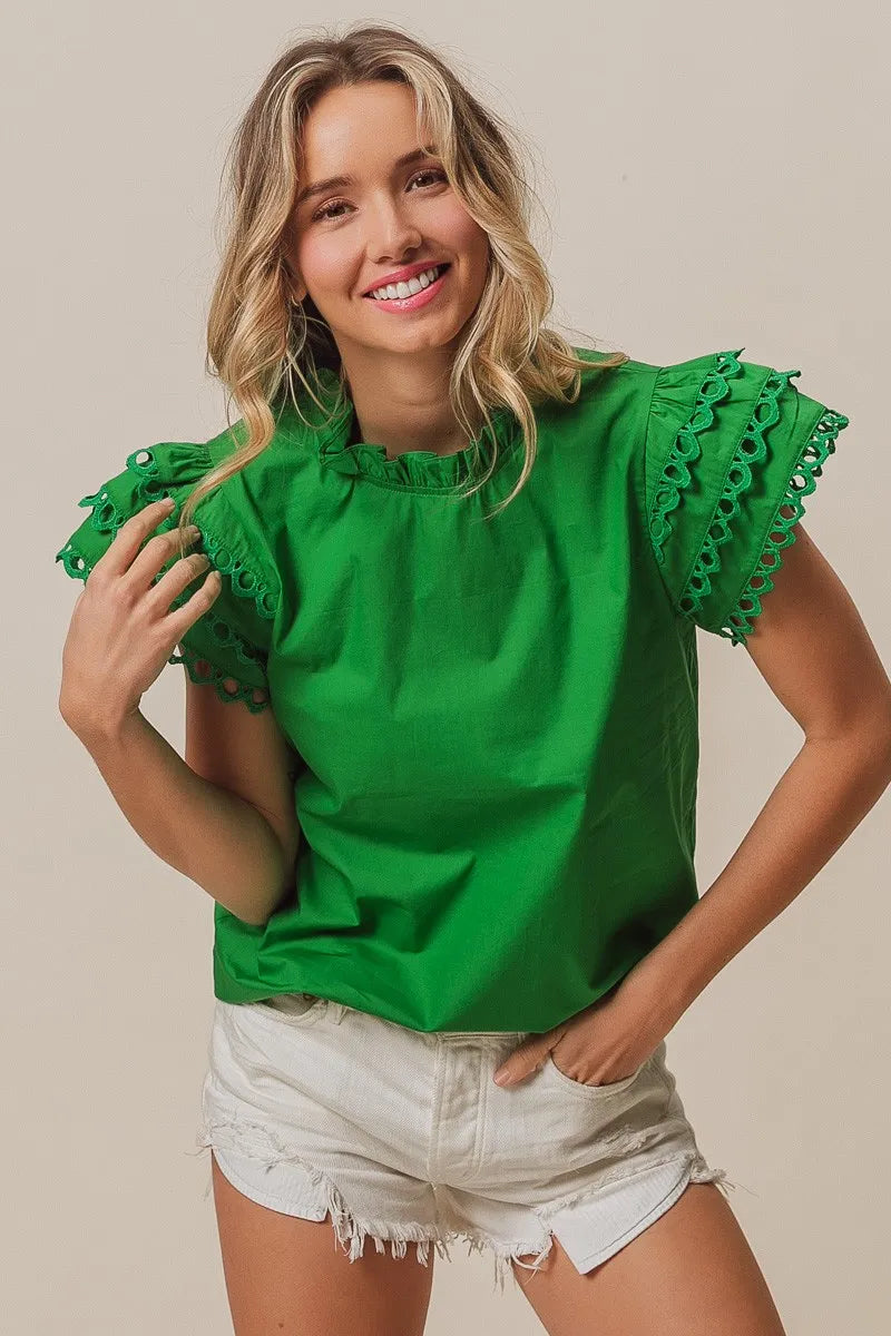 BiBi Solid Woven Circle Trim Ruffle Top
