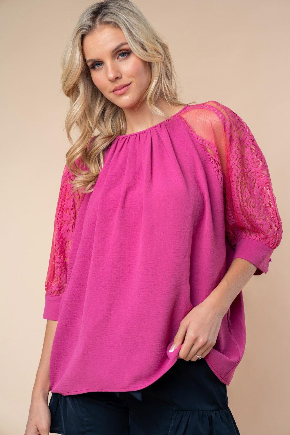 White Birch Round Neck Lace Half Sleeve Blouse Mauve