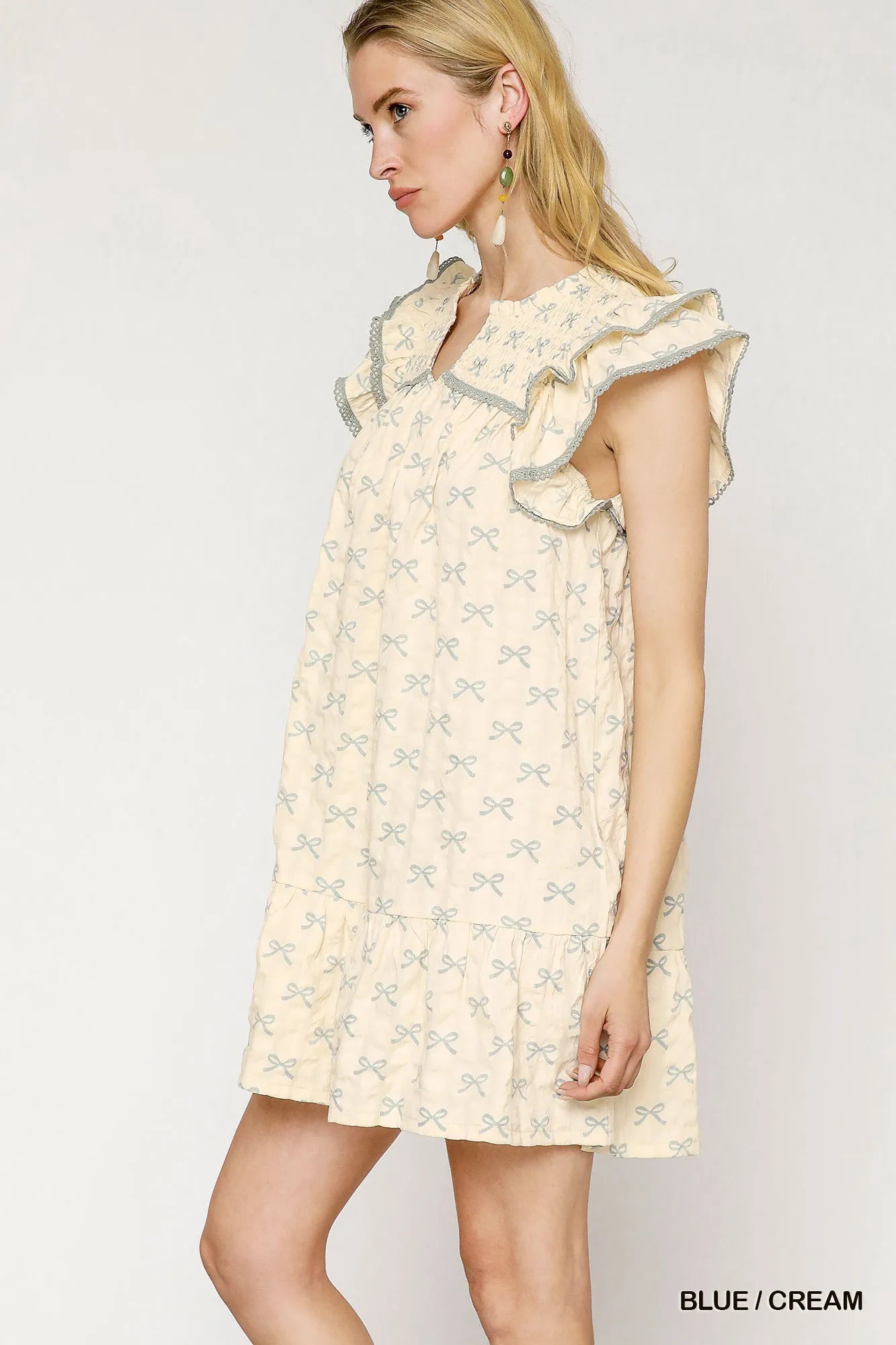 Umgee Bow Print Ruffled Cap Sleeve Mini Dress
