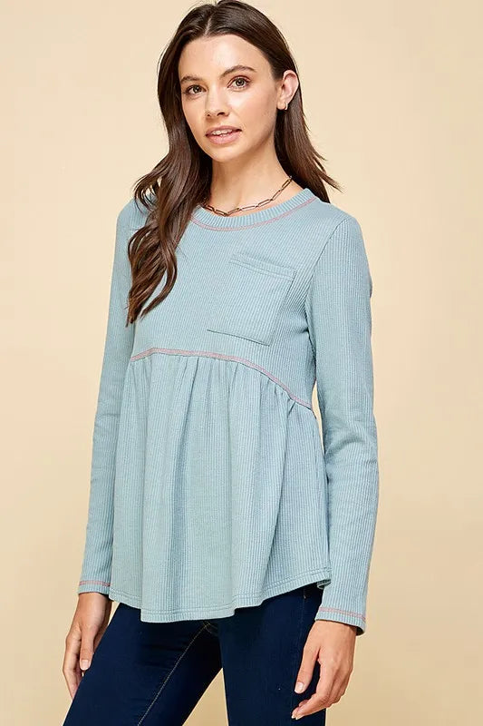 Lime 'N' Chili Waffle Knit Babydoll Top with Left Pocket Detail
