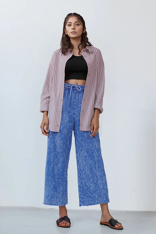 Zenana Washed French Terry Palazzo with Pockets CLASSIC BLUE