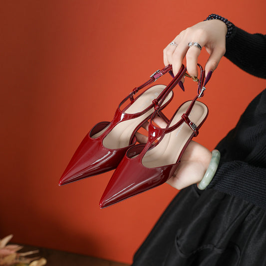 Point Toe Flare Heel Slingback Pumps Burgundy