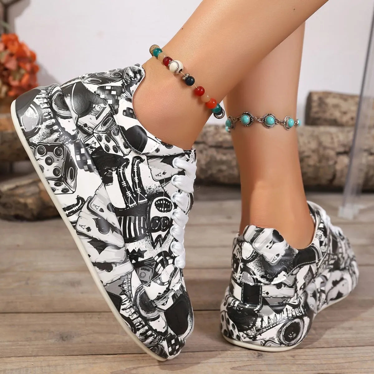 Abstract Print Lace Up Sneakers
