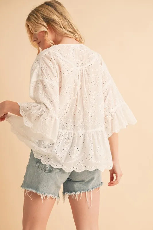 Aemi+Co Flounce Sleeve Eyelet Peplum Top