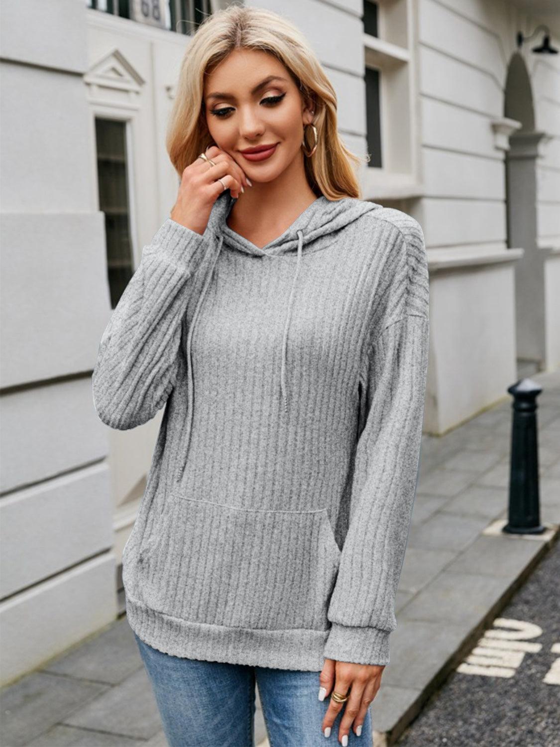 Ribbed Drawstring Long Sleeve Hoodie Light Gray