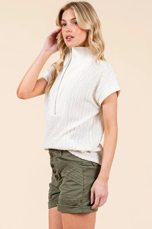 Lime 'N' Chili Textured Half Zip Cap Sleeve Contrast Top