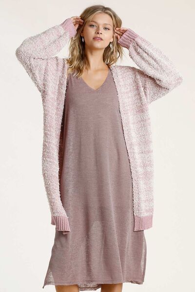 Umgee Full Size Ribbed Hem Open Front Longline Cardigan Plus Size Blush Pink