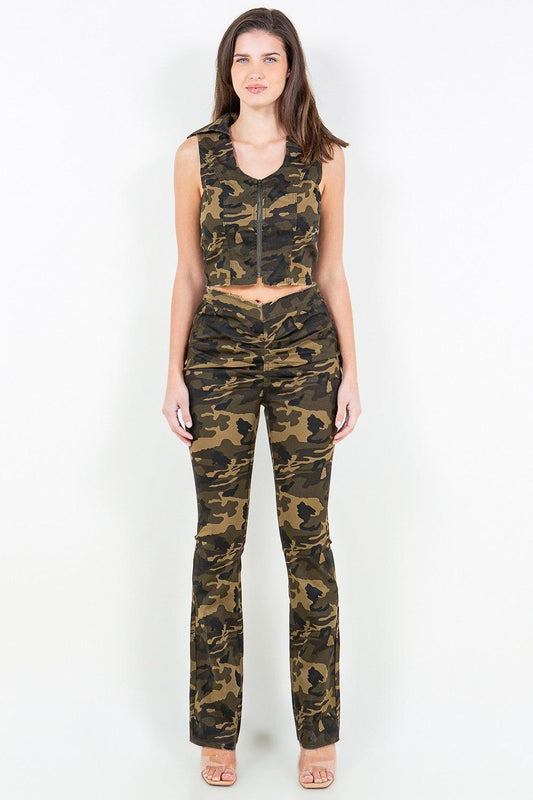 American Bazi V-Cut Ruched Camo Flare Pants Olive Camo