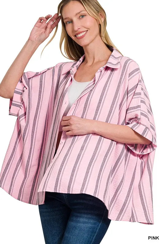 Zenana Woven Yarn-Dye Stripe Oversized Button Down Shirt